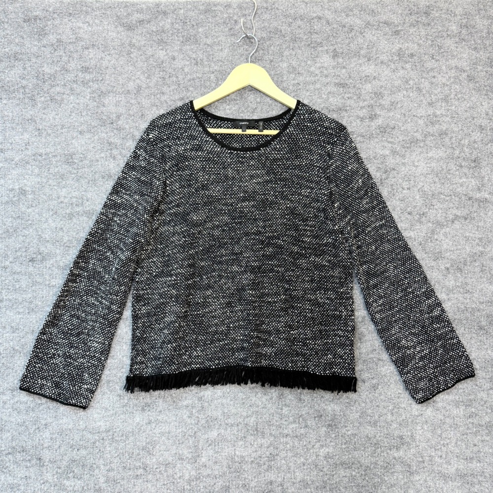 Theory Vendla Tweed Sweater Sz L Black White Fringe Hem Marled Quiet Luxury Chic